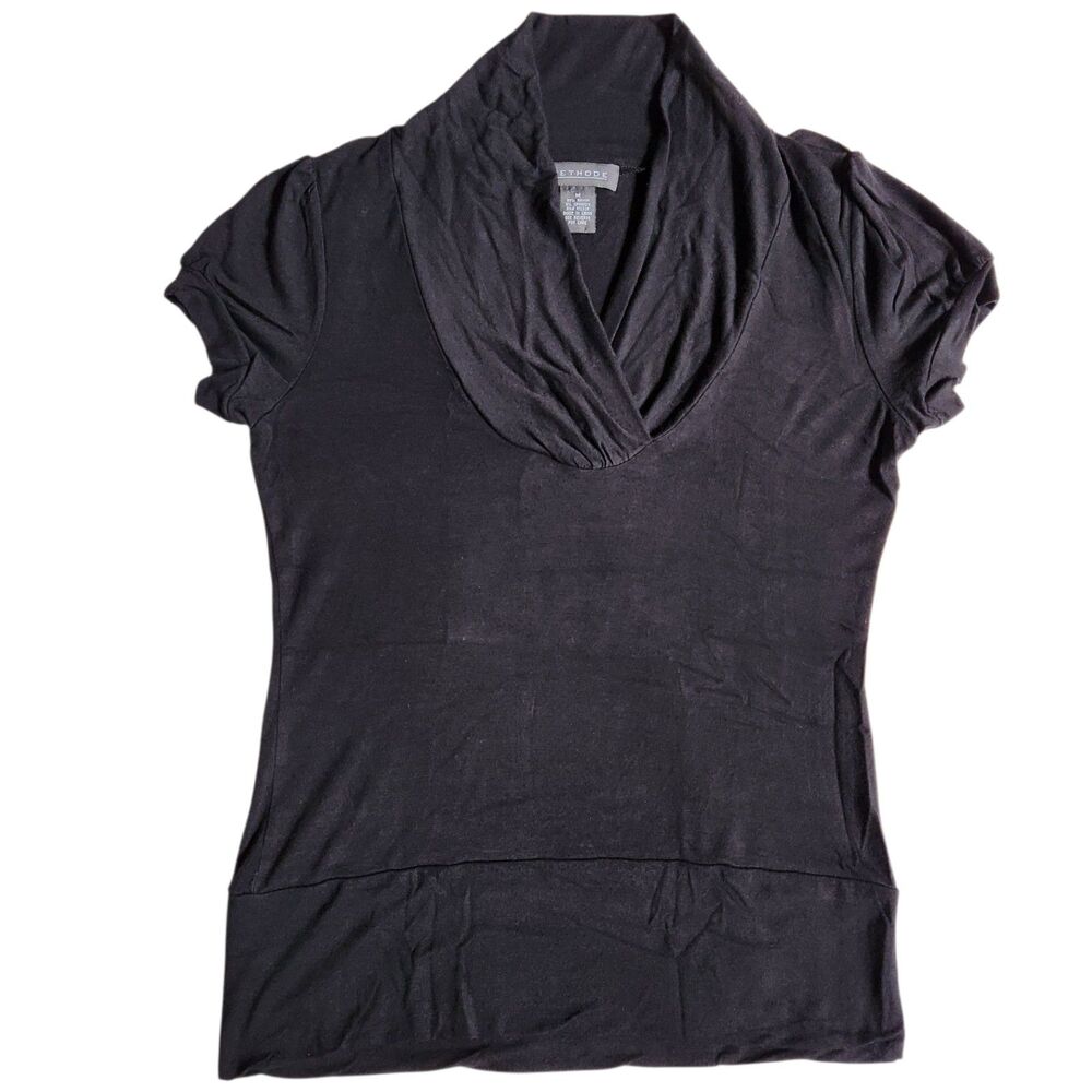 METHODE Black Faux Wrap Neckline Short Sleeve Top Sz M